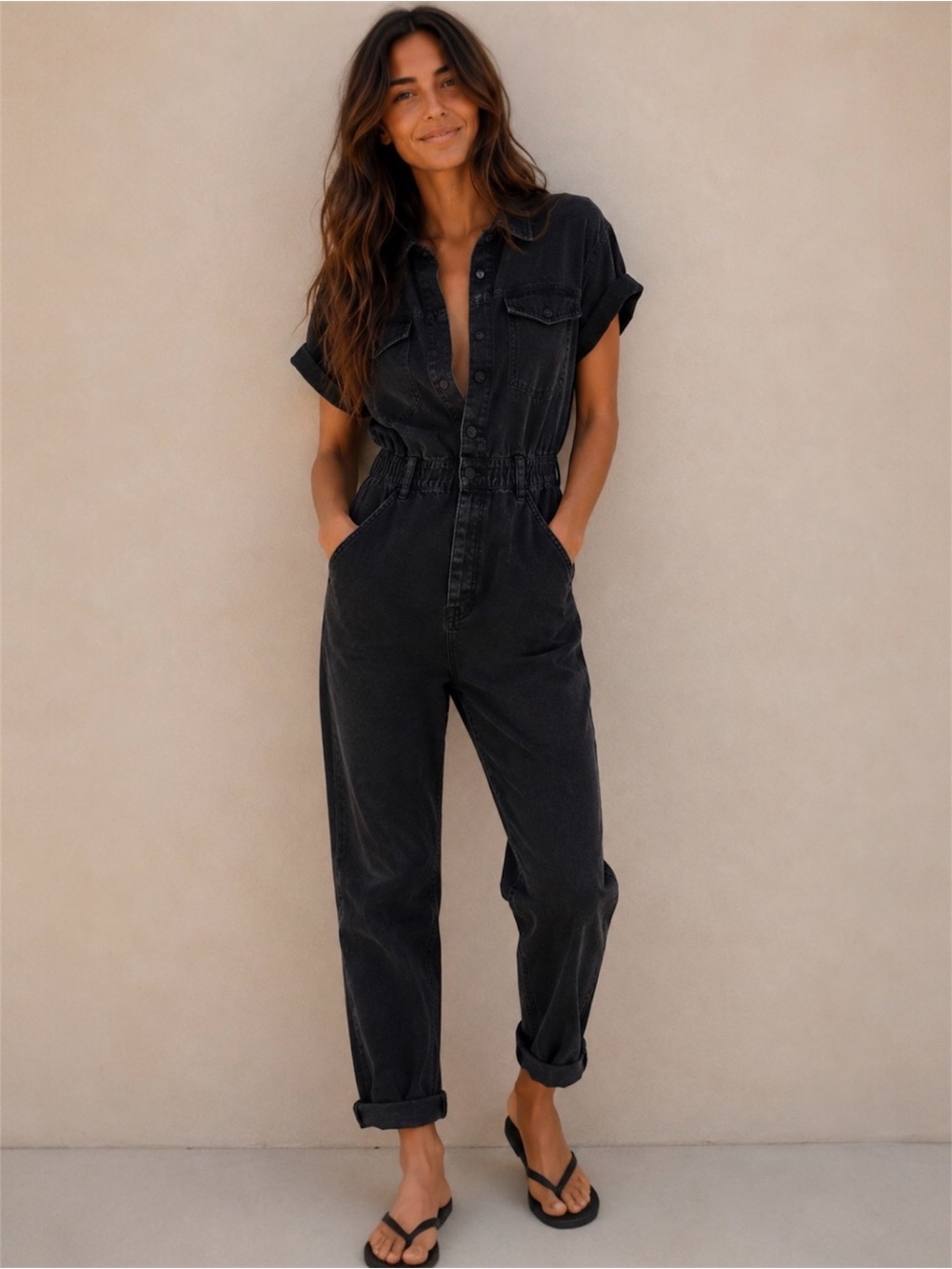 Free People We The Free Marci Jumpsuit Iron Black Denim Large Cotton